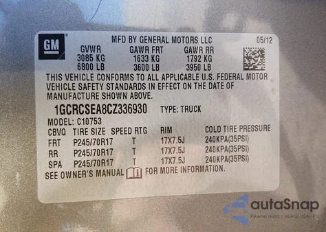 2012 Chevrolet Silverado 1500 Lt z USA, uszkodzony, nr VIN 1GCRCSEA8CZ336930